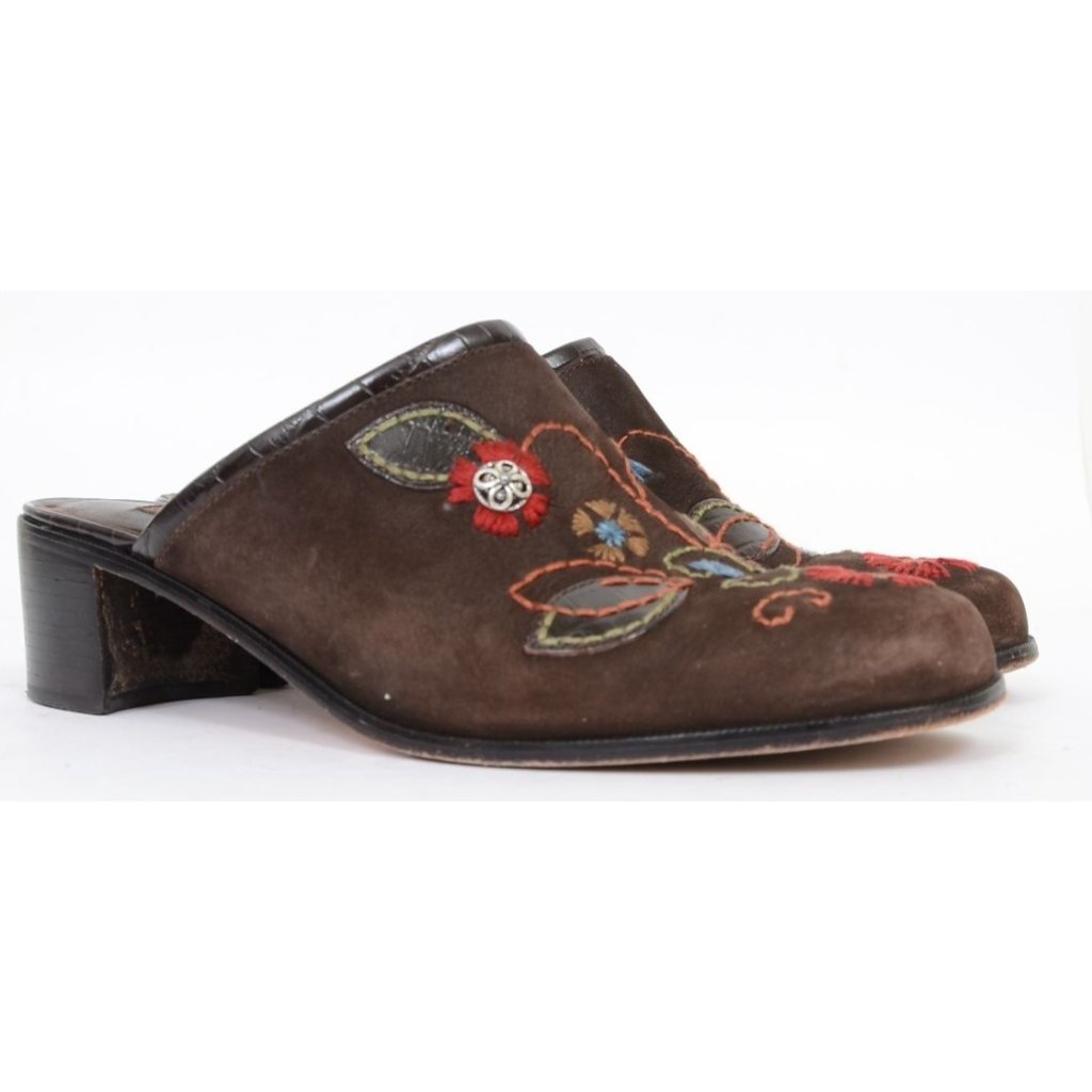 Brighton Fiona Women 8 Brown Suede Colorful Flowers Slide Mules Western Festival — image 2 of 8